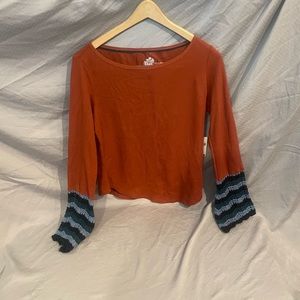 Anthropologie Pilcro Sz S Long Sleeve Cedar Blouse with Crochet cuffs, new tags